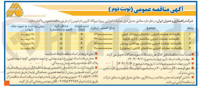تصویر کوچک آگهی باقیمانده عملیات اجرایی ساختمان اداری کارفرما 
