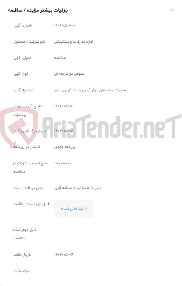 تصویر کوچک آگهی تغییرات ساختمان مرکز آوینی جهت کاربری انبار
