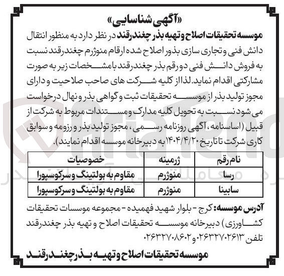تصویر کوچک آگهی فروش دانش فنی دو رقم بذر چغندرقند : رسا و سابینا