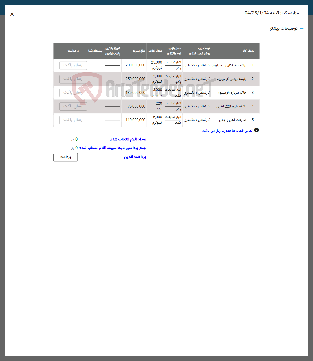 تصویر کوچک آگهی فروش اقلام در 4 ردیف شامل: براده ماشینکاری آلومینیوم-پلیسه روغنی-خاک سرباره-بشکه فلزی- ضایعات آهن و چدن