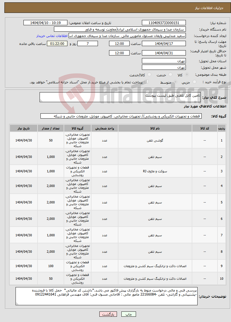 تصویر کوچک آگهی نیاز انتخاب تامین کننده-تامین کابل تلفنی طبق لیست پیوست