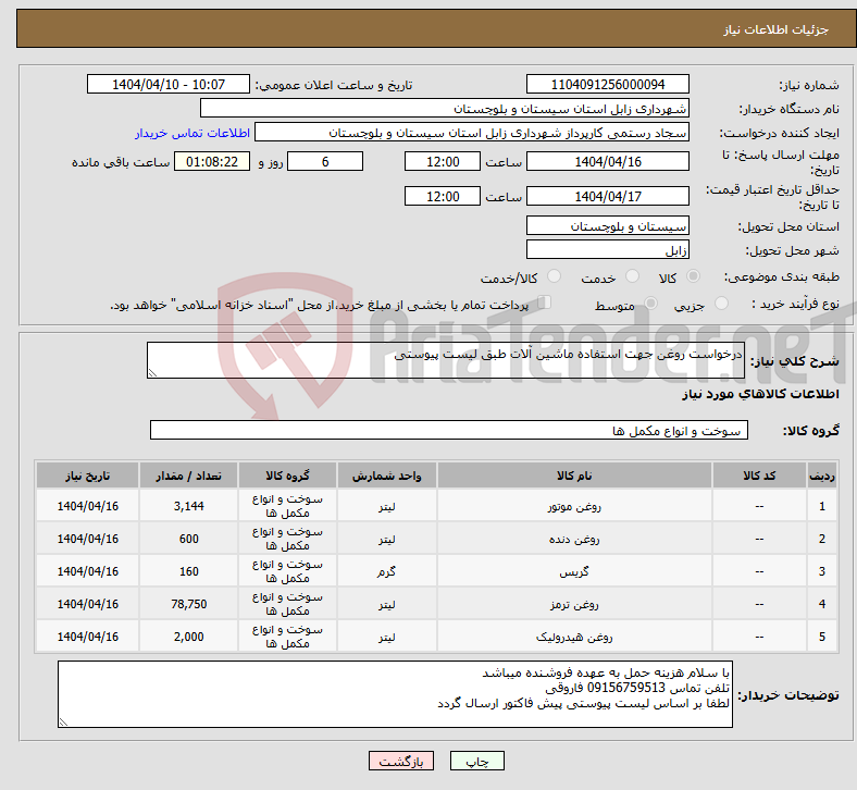 تصویر کوچک آگهی نیاز انتخاب تامین کننده-درخواست روغن جهت استفاده ماشین آلات طبق لیست پیوستی