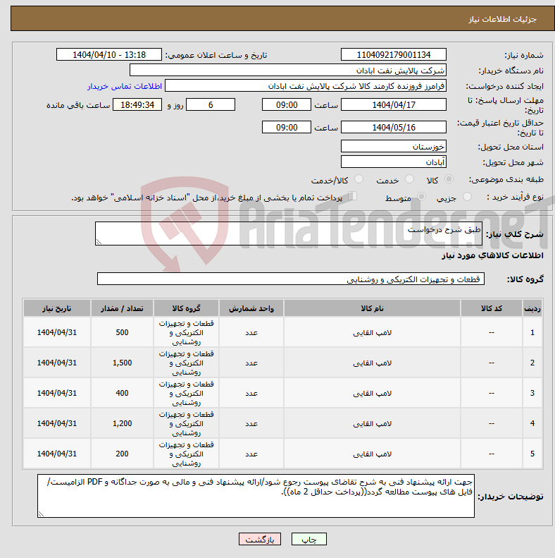 تصویر کوچک آگهی نیاز انتخاب تامین کننده-طبق شرح درخواست