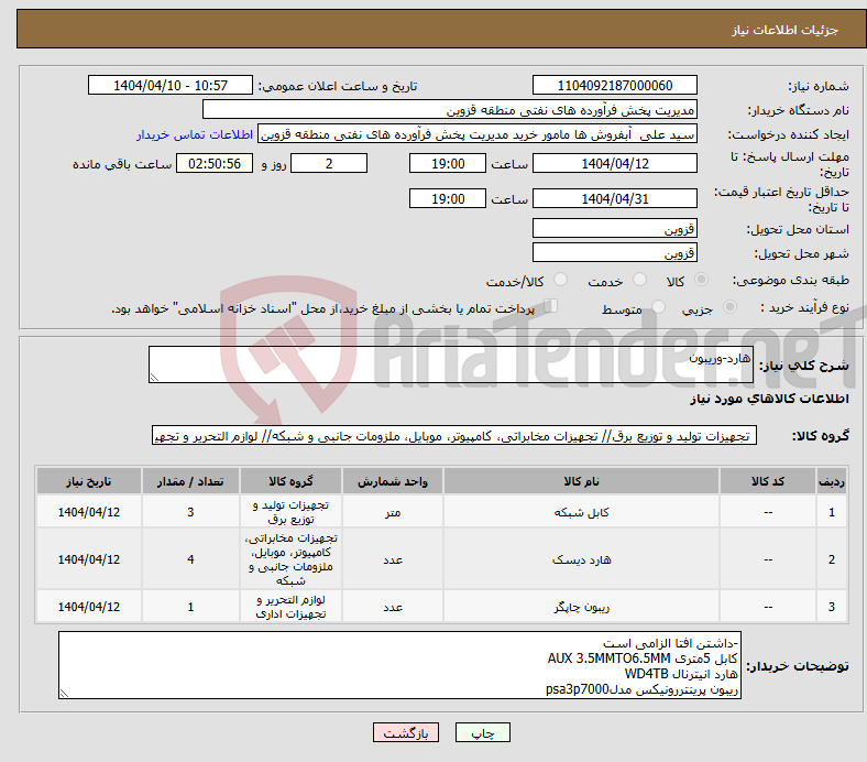 تصویر کوچک آگهی نیاز انتخاب تامین کننده-هارد-وریبون 