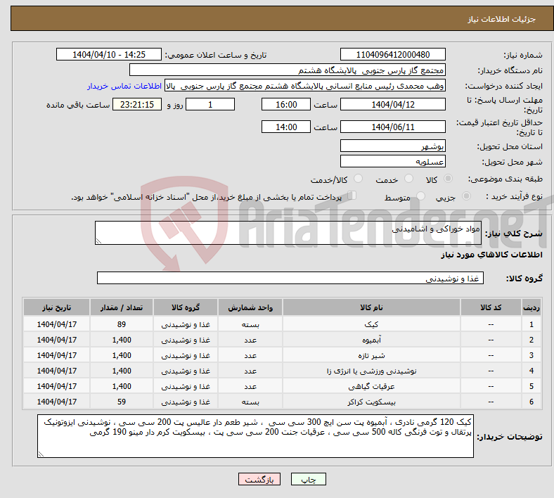 تصویر کوچک آگهی نیاز انتخاب تامین کننده-مواد خوراکی و اشامیدنی 