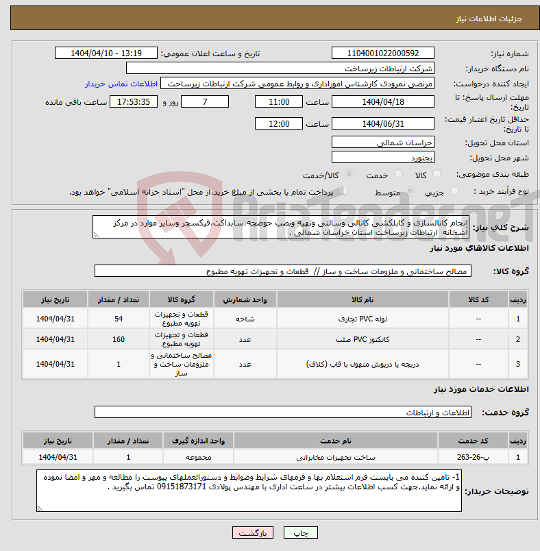 تصویر کوچک آگهی نیاز انتخاب تامین کننده-انجام کانالسازی و کابلکشی کانالی وسالنی وتهیه ونصب حوضچه،سابداکت،فیکسچر وسایر موارد در مرکز آشخانه ارتباطات زیرساخت استان خراسان شمالی .