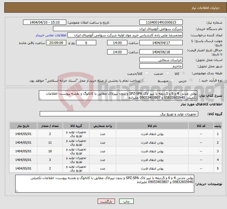 تصویر کوچک آگهی نیاز انتخاب تامین کننده-پولی چدنی 4 و 6 و 5ردیفه با تیپر لاک SPZ-SPA و بدون تیپرلاک مطابق با کاتالوگ و نقشه پیوست- اطلاعات تکمیلی 05832605940 و 09053403807 علیزاده