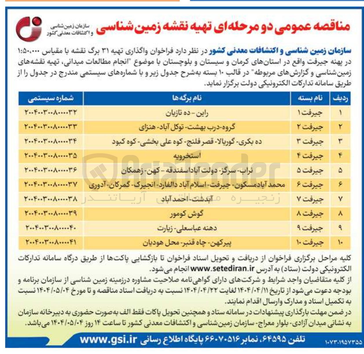 تصویر کوچک آگهی واگذاری تهیه ۳۱ برگ نقشه با مقیاس ۵۰۰۰۰۰ 