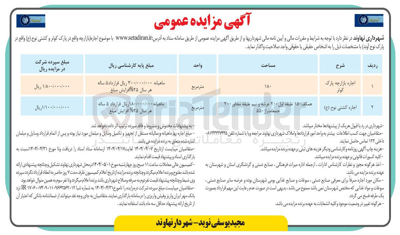 تصویر کوچک آگهی  اجاره بازارچه و کشتی نوح ( ع ) 