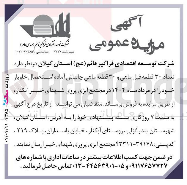 تصویر کوچک آگهی فروش تعداد ۳۰ قطعه فیل ماهی و ۳۰ قطعه ماهی چالباش آماده استحصال خاویار
