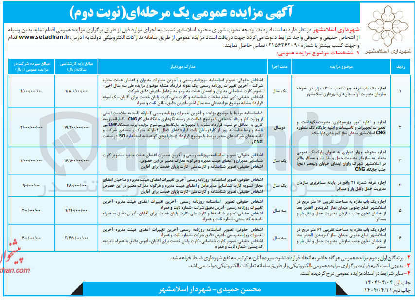 تصویر کوچک آگهی اجاره یک باب غرفه جهت نصب سنگ مزار - اجاره و اداره امور بهره برداری مدیریت نگهداشت و تعمیرات تجهیزات و تاسیسات و ابنیه جایگاه تک منظوره CNG - اجاره محوطه چهار دیواری به عنوان پارکینگ عمومی - اجاره غرفه شماره ۲۱ - اجاره یک باب مغازه به مساحت تقریبی ۱۶ متر مربع - اجاره یک باب مغازه به مساحت تقریبی ۶۴ متر مربع