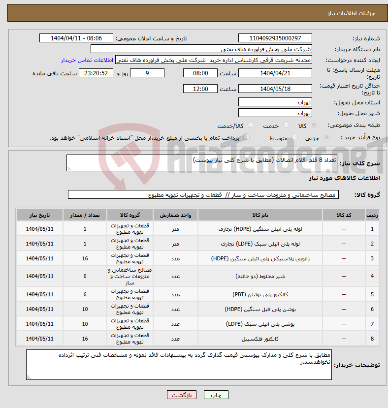 تصویر کوچک آگهی نیاز انتخاب تامین کننده-تعداد 8 قلم اقلام اتصالات (مطابق با شرح کلی نیاز پیوست)