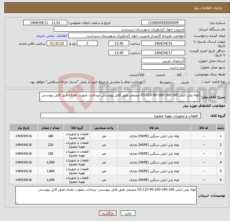 تصویر کوچک آگهی نیاز انتخاب تامین کننده-لوله پلی اتیلن 160-160-160-90-110-63 میلیمتر طبق فایل پیوستی -پرداخت بصورت نقدی-طبق فایل پیوستی