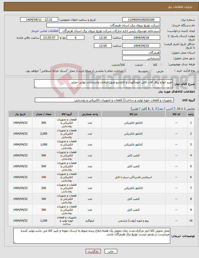 تصویر کوچک آگهی نیاز انتخاب تامین کننده-خرید انواع یراق آلات کابل خودنگهدار و کابلشو طبق الزامات واستاندارد توانیر -جزایر 