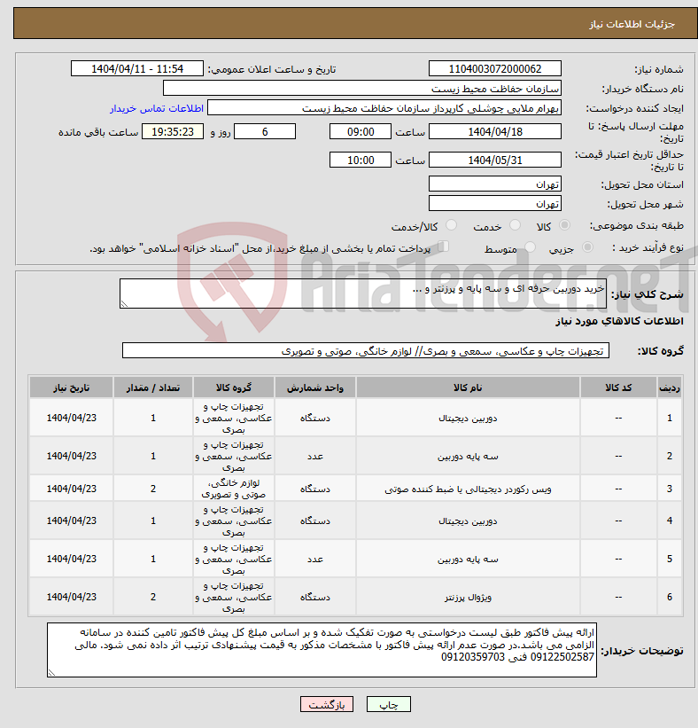تصویر کوچک آگهی نیاز انتخاب تامین کننده-خرید دوربین حرفه ای و سه پایه و پرزنتر و ...