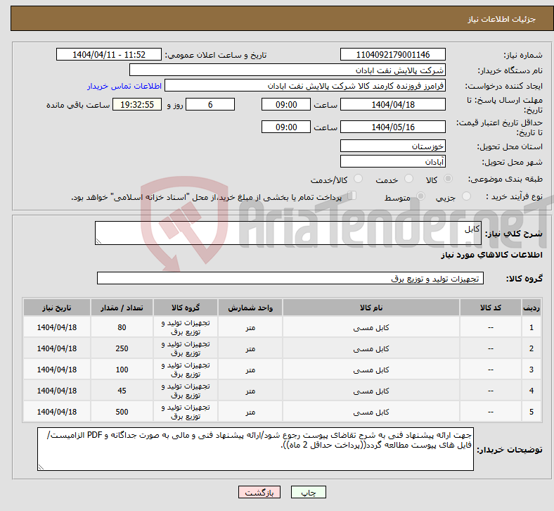 تصویر کوچک آگهی نیاز انتخاب تامین کننده-کابل