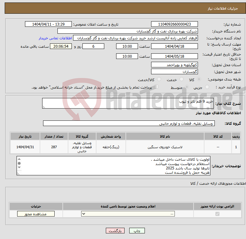 تصویر کوچک آگهی نیاز انتخاب تامین کننده-خرید 9 قلم تایر و تیوب
