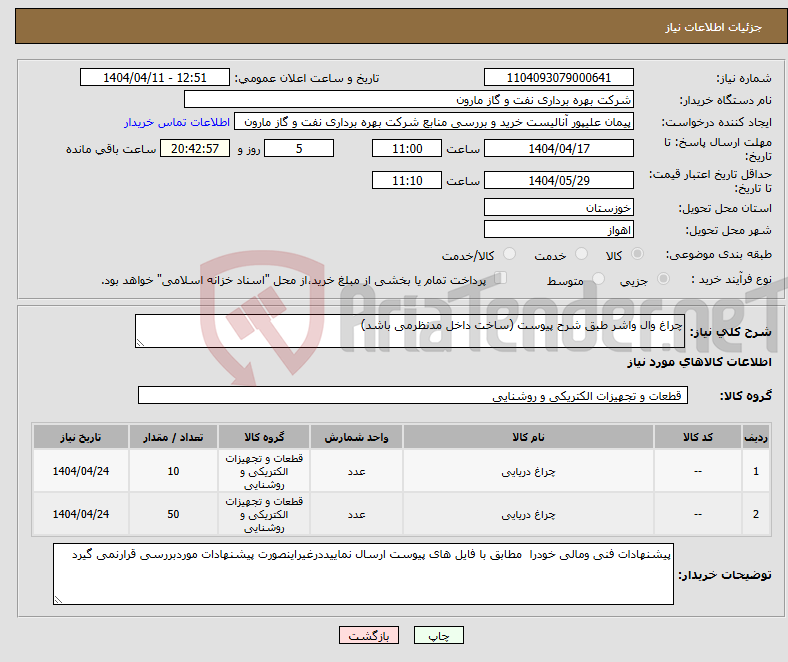 تصویر کوچک آگهی نیاز انتخاب تامین کننده-چراغ وال واشر طبق شرح پیوست (ساخت داخل مدنظرمی باشد)