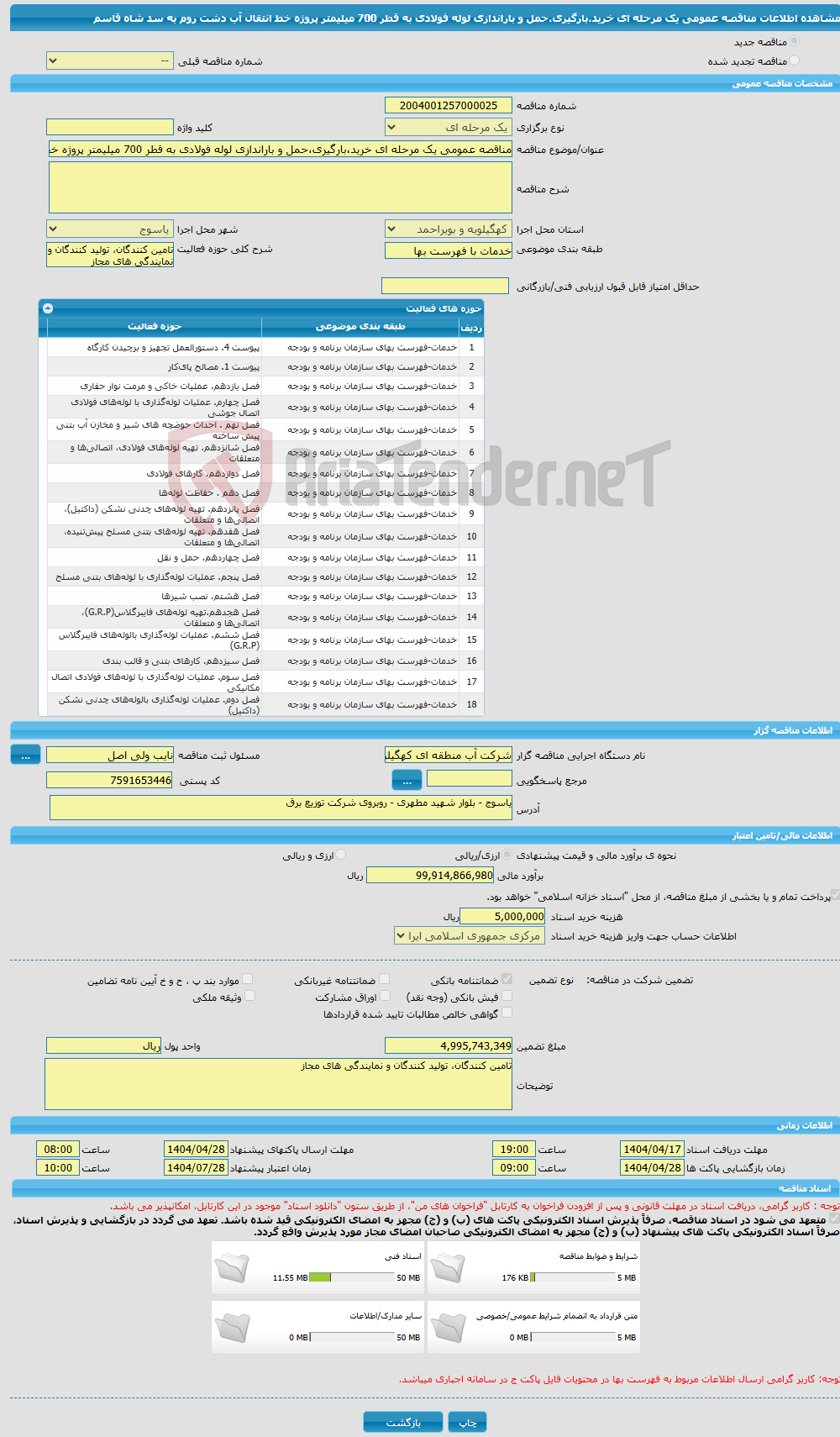 تصویر کوچک آگهی مناقصه عمومی یک مرحله ای خرید،بارگیری،حمل و باراندازی لوله فولادی به قطر 700 میلیمتر پروژه خط انتقال آب دشت روم به سد شاه قاسم