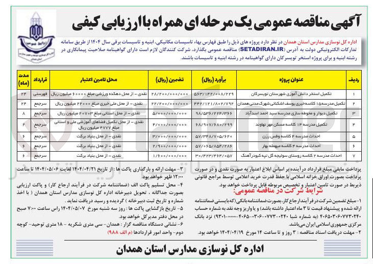 تصویر کوچک آگهی احداث مدرسه ۴ کلاسه