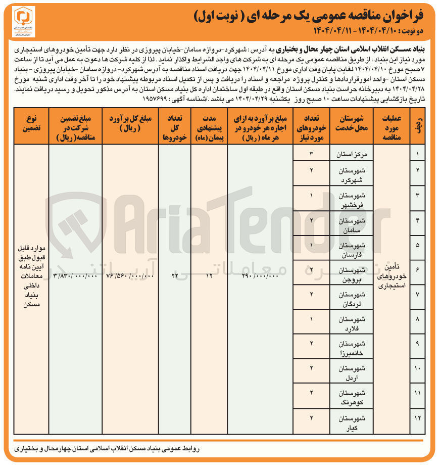 تصویر کوچک آگهی تأمين خودروهای استیجاری در 12 شهرستان