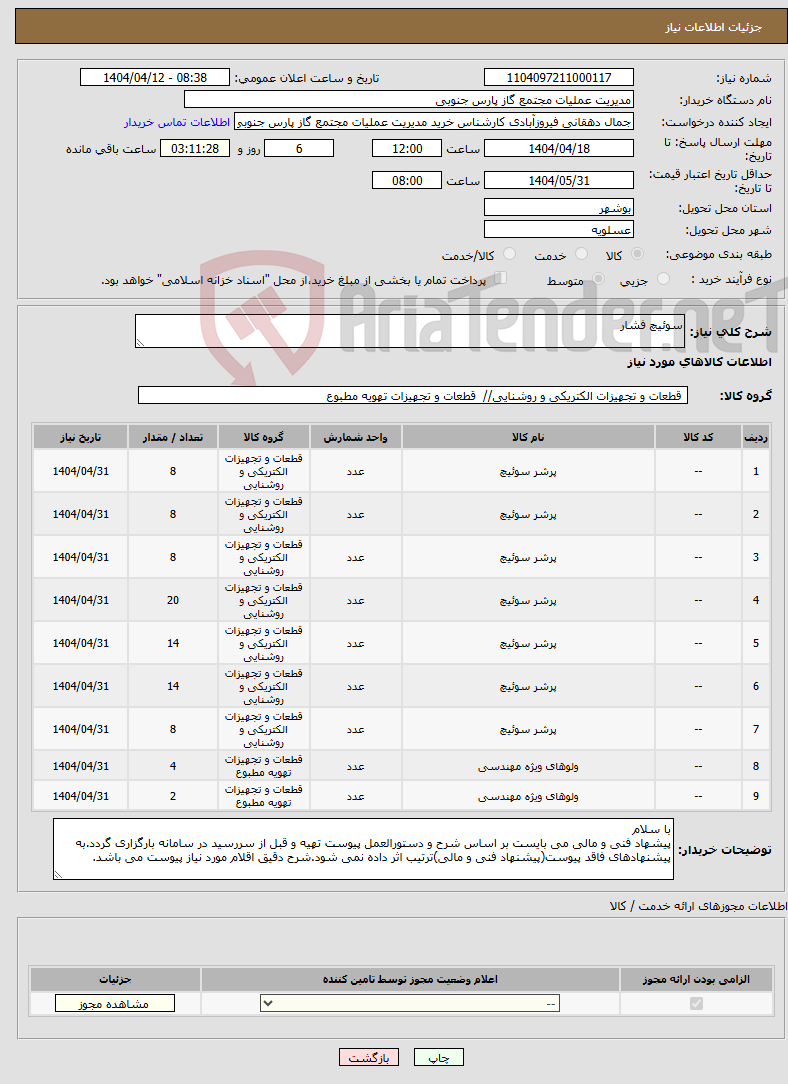 تصویر کوچک آگهی نیاز انتخاب تامین کننده-سوئیچ فشار