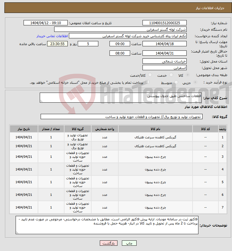 تصویر کوچک آگهی نیاز انتخاب تامین کننده-قطعات ساختنی طبق جدول پیوستی