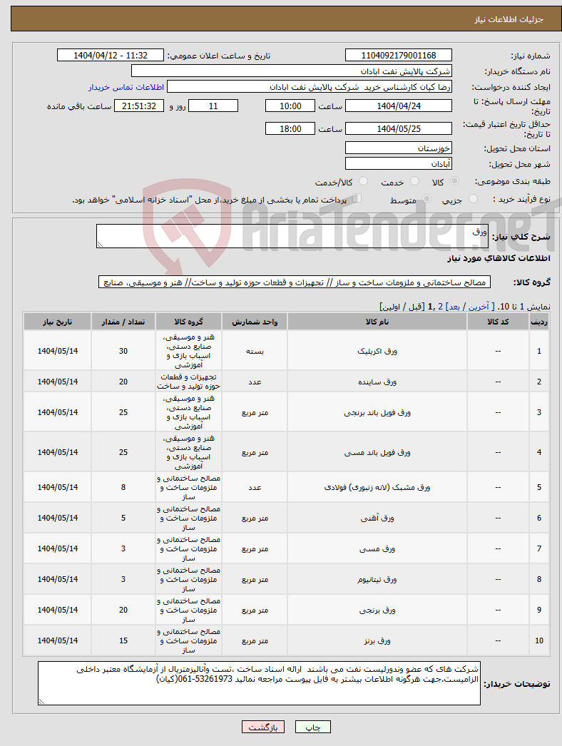 تصویر کوچک آگهی نیاز انتخاب تامین کننده-ورق