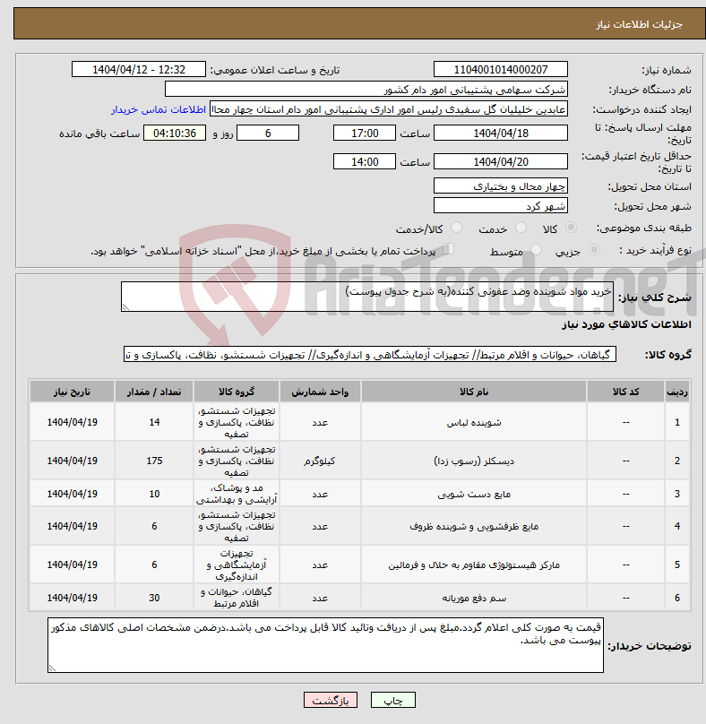 تصویر کوچک آگهی نیاز انتخاب تامین کننده-خرید مواد شوینده وضد عفونی کننده(به شرح جدول پیوست)