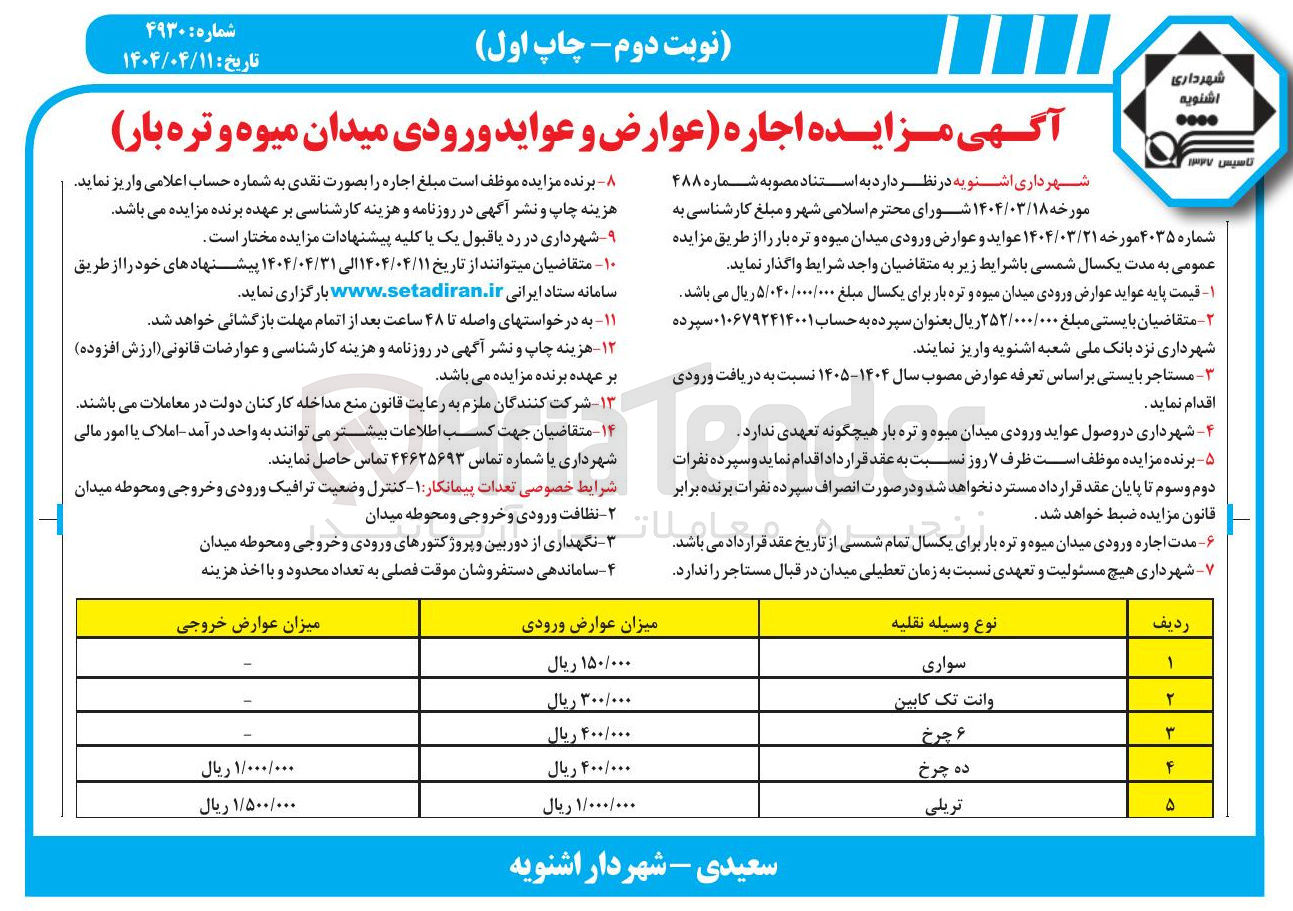 تصویر کوچک آگهی  عواید و عوارض ورودی میدان میوه و تره بار