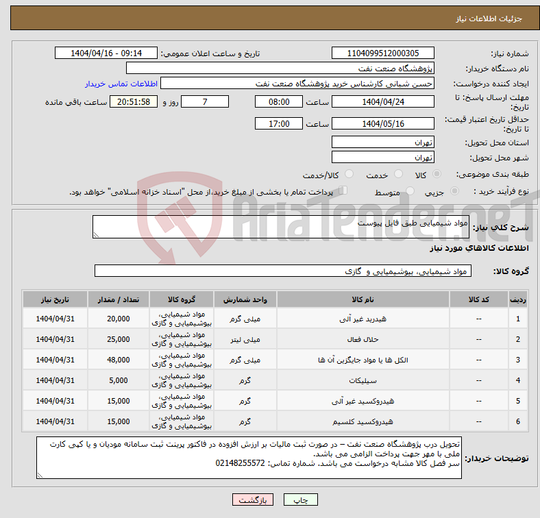 تصویر کوچک آگهی نیاز انتخاب تامین کننده-مواد شیمیایی طبق فایل پیوست