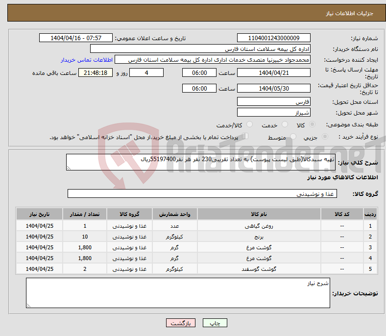 تصویر کوچک آگهی نیاز انتخاب تامین کننده-تهیه سبدکالا(طبق لیست پیوست) به تعداد تقریبی230 نفر هر نفر55197400ریال