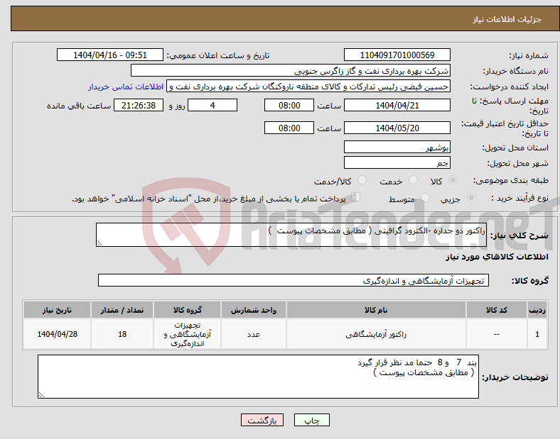 تصویر کوچک آگهی نیاز انتخاب تامین کننده-راکتور دو جداره -الکترود گرافیتی ( مطابق مشخصات پیوست ) 