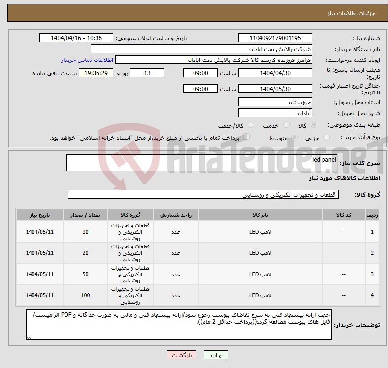 تصویر کوچک آگهی نیاز انتخاب تامین کننده-led panel