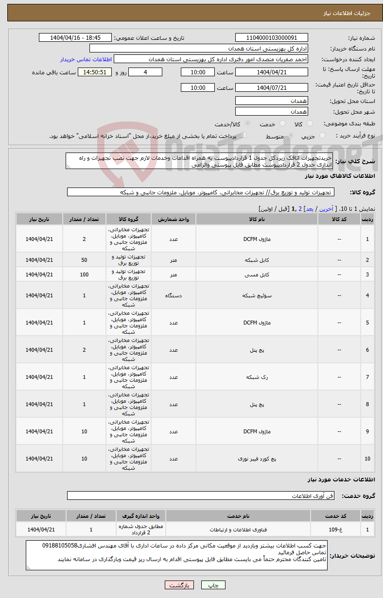 تصویر کوچک آگهی نیاز انتخاب تامین کننده-خریدتجهیزات اتاقک زیردکل جدول 1 قراردادپیوست به همراه اقدامات وخدمات لازم جهت نصب تجهیزات و راه اندازی جدول 2 قراردادپیوست مطابق فایل پیوستی والزامی