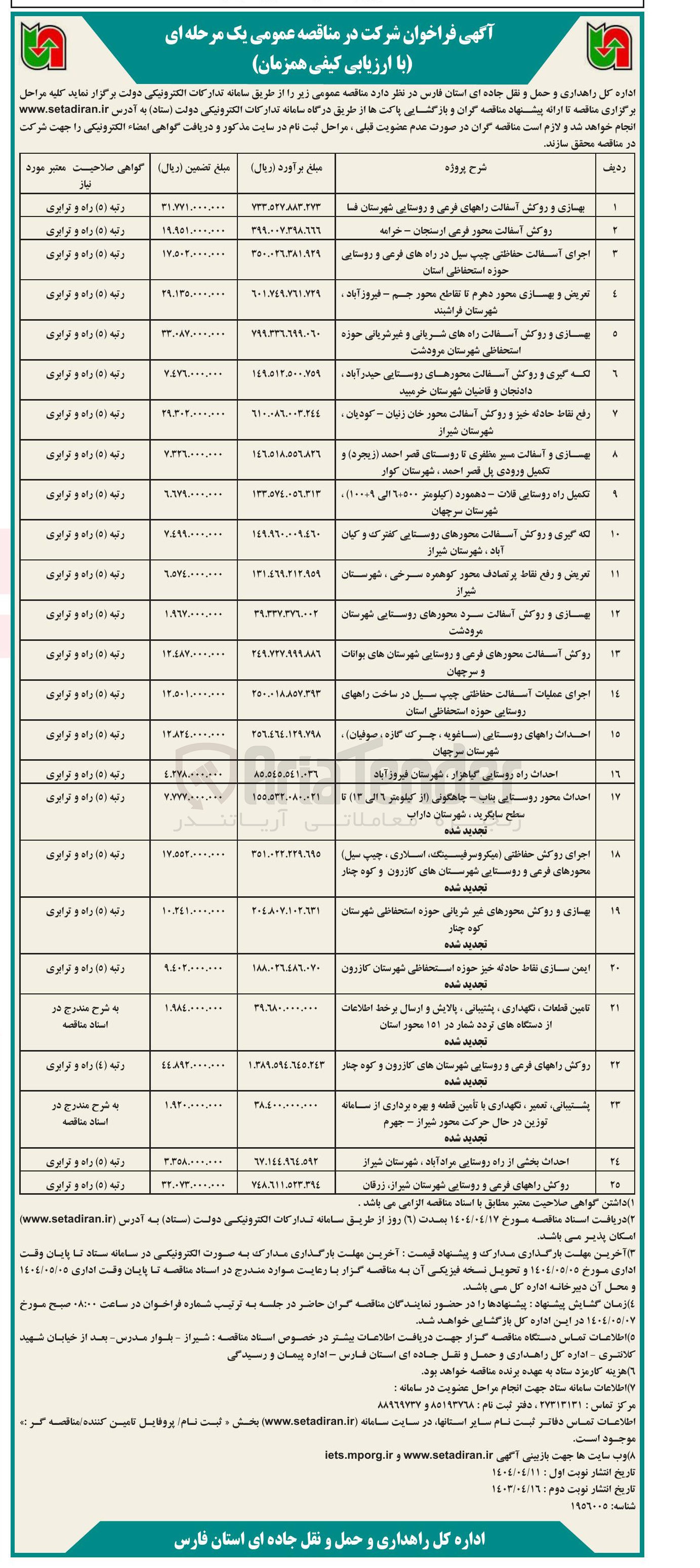 تصویر کوچک آگهی روکش راههای فرعی و روستایی 