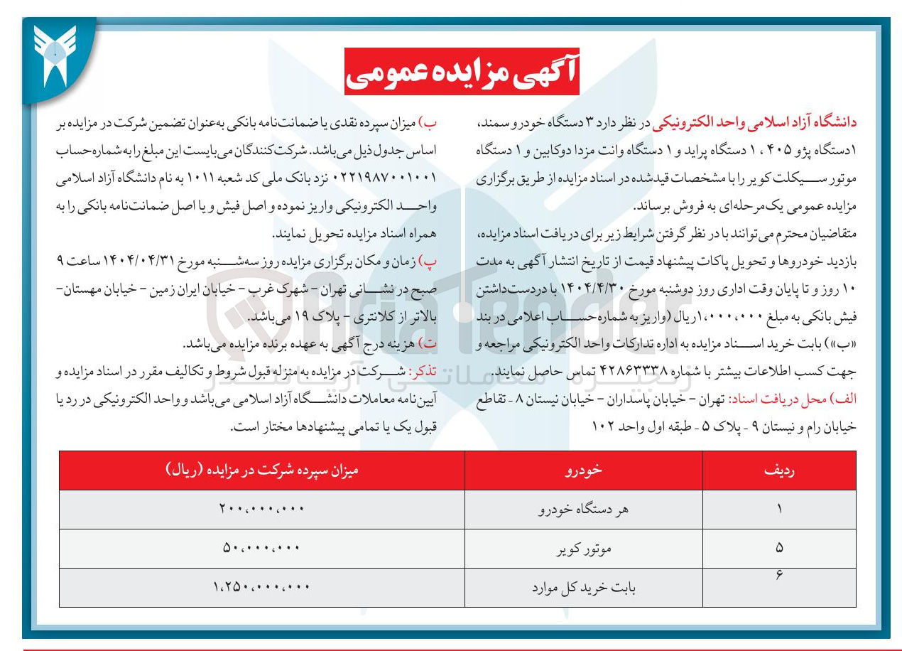 تصویر کوچک آگهی فروش  ۳ دستگاه خودرو سمند ۱ دستگاه پژو ۴۰۵ ، ۱ دستگاه پراید و ۱ دستگاه وانت مزدا دوکابین و ۱ دستگاه موتور سیکلت کویر