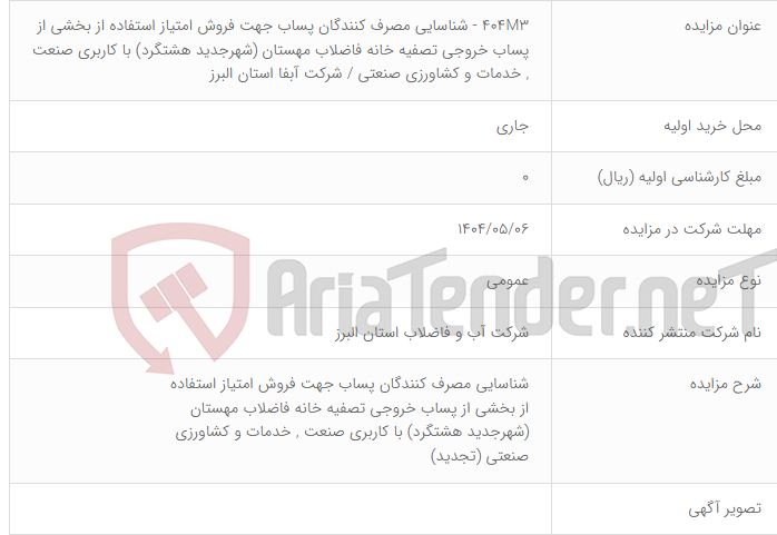 تصویر کوچک آگهی 404M3 - شناسایی مصرف کنندگان پساب جهت فروش امتیاز استفاده از بخشی از پساب خروجی تصفیه خانه فاضلاب مهستان (شهرجدید هشتگرد) با کاربری صنعت , خدمات و کشاورزی صنعتی / شرکت آبفا استان البرز