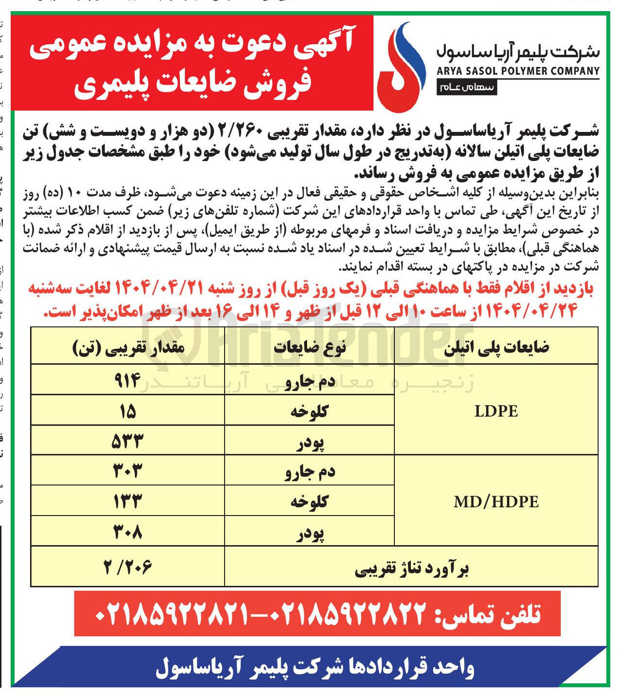 تصویر کوچک آگهی فروش مقدار تقریبی ۲/۲۶۰ تن ضایعات پلی اتیلن سالانه