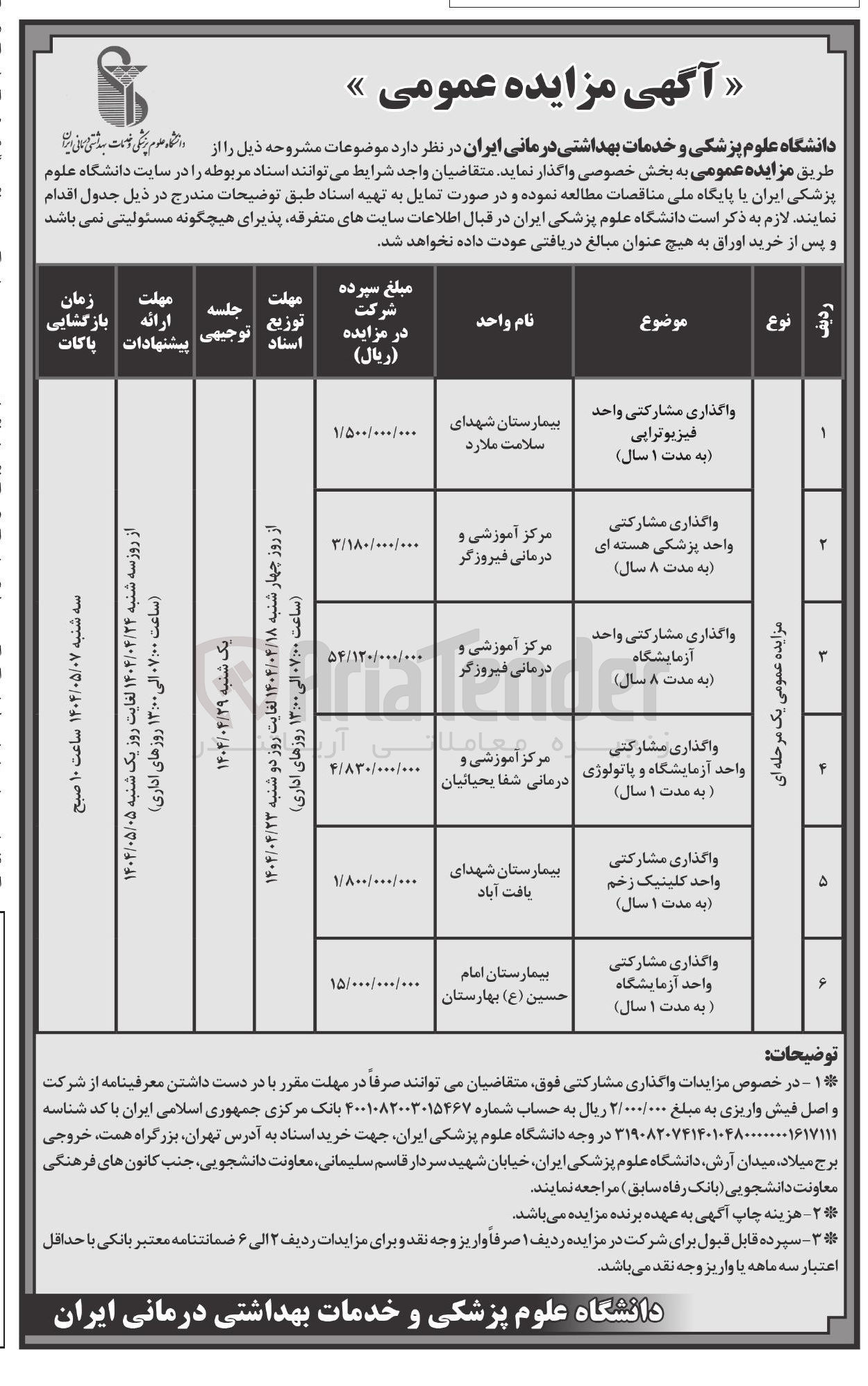 تصویر کوچک آگهی واگذاری مشارکتی واحد کلینیک زخم به مدت ۱ سال ) 

