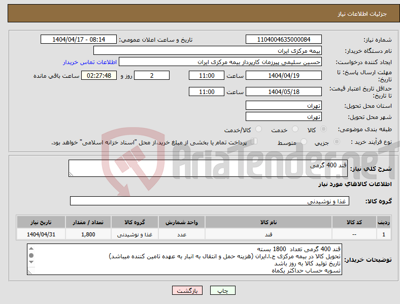 تصویر کوچک آگهی نیاز انتخاب تامین کننده-قند 400 گرمی