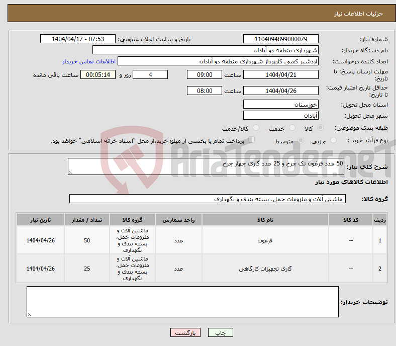 تصویر کوچک آگهی نیاز انتخاب تامین کننده-50 عدد فرغون تک چرخ و 25 عدد گاری چهار چرخ