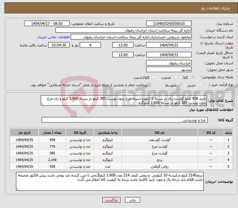 تصویر کوچک آگهی نیاز انتخاب تامین کننده-خرید 428 کیلو گوشت ران در بسته 2 کیلو و سینه مرغ بدون پوست 385 کیلو در بسته 1.800 کیلو و ران مرغ بدون پوست 385 کیلو در بسته 1.800 کیلوگرم 