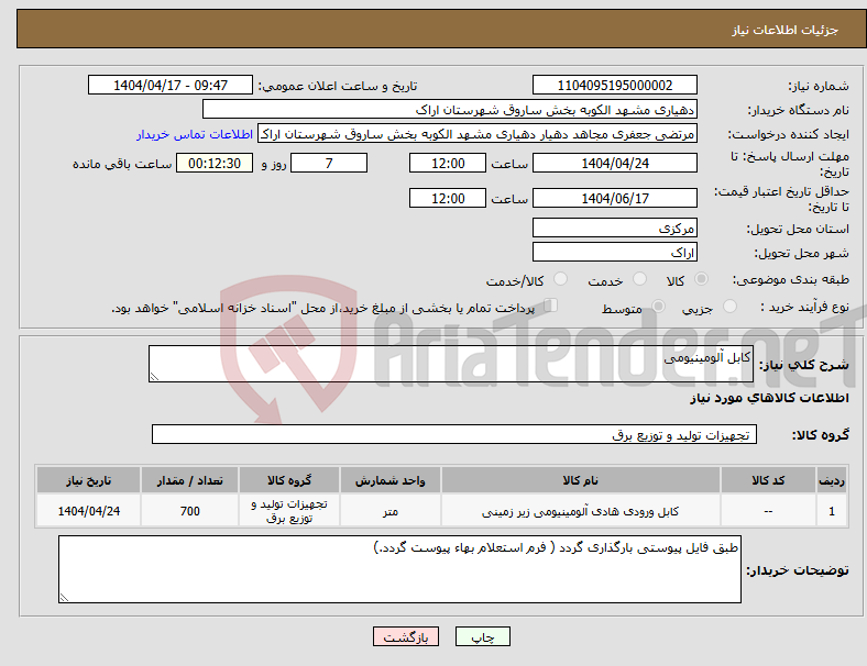 تصویر کوچک آگهی نیاز انتخاب تامین کننده-کابل آلومینیومی