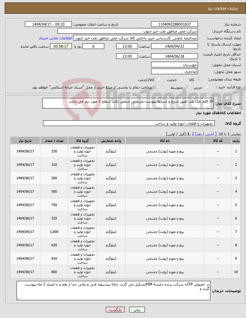 تصویر کوچک آگهی نیاز انتخاب تامین کننده-19 قلم بلک بلت طبق شرح و شرایط پیوست-بازرسی شخص ثالث سطح 2 مورد نیاز می باشد