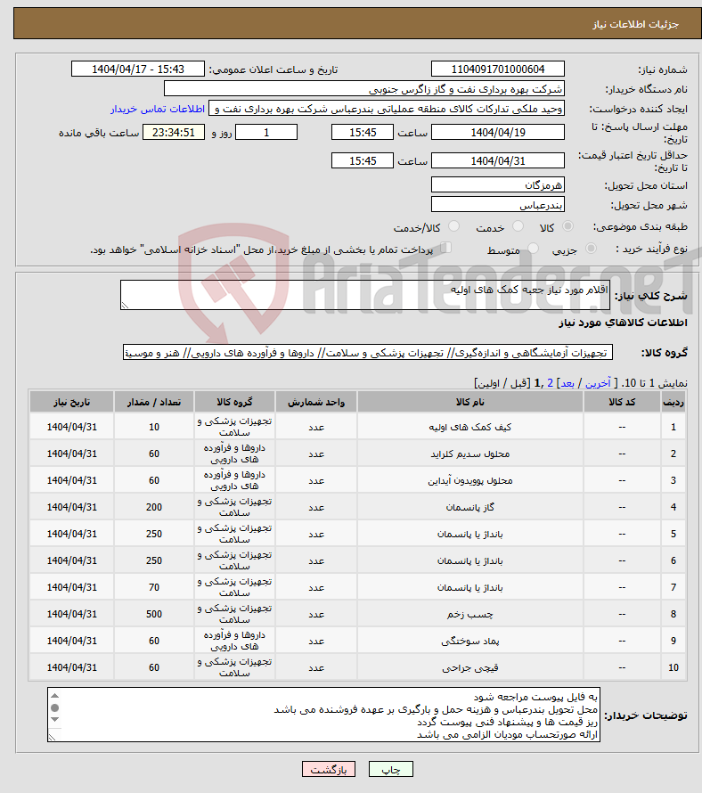 تصویر کوچک آگهی نیاز انتخاب تامین کننده-اقلام مورد نیاز جعبه کمک های اولیه 