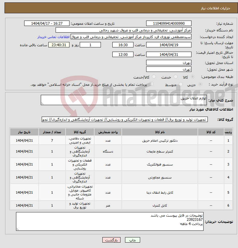 تصویر کوچک آگهی نیاز انتخاب تامین کننده-لوازم اعلان حریق