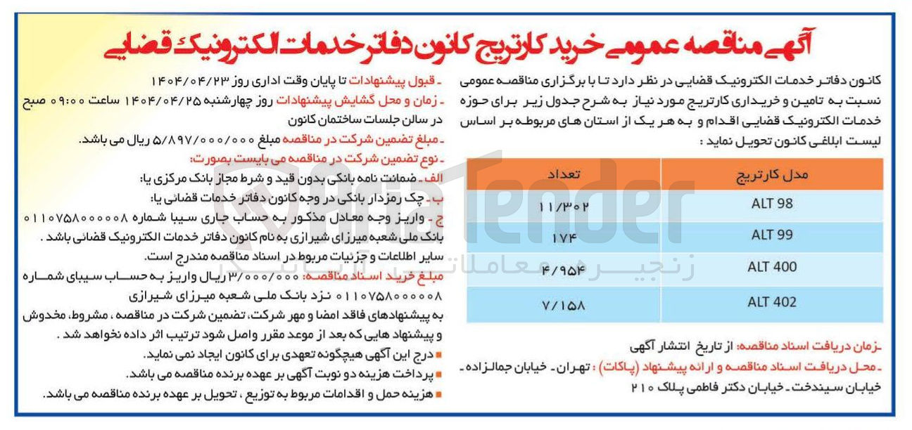 تصویر کوچک آگهی  تامین و خریداری 4/954 کارتریج مدل ALT 400