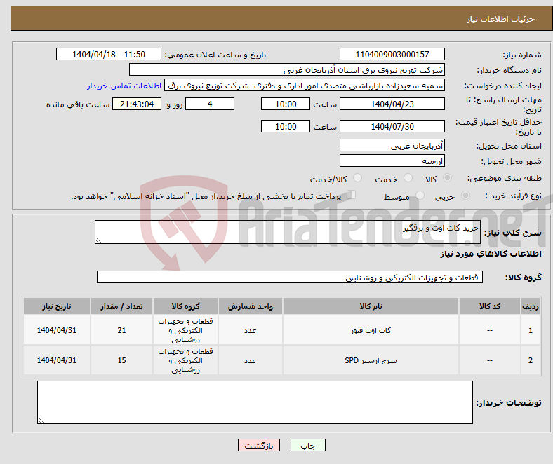 تصویر کوچک آگهی نیاز انتخاب تامین کننده-خرید کات اوت و برقگیر