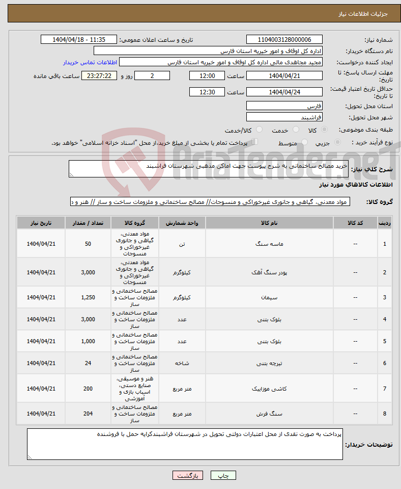 تصویر کوچک آگهی نیاز انتخاب تامین کننده-خرید مصالح ساختمانی به شرح پیوست جهت اماکن مذهبی شهرستان فراشبند